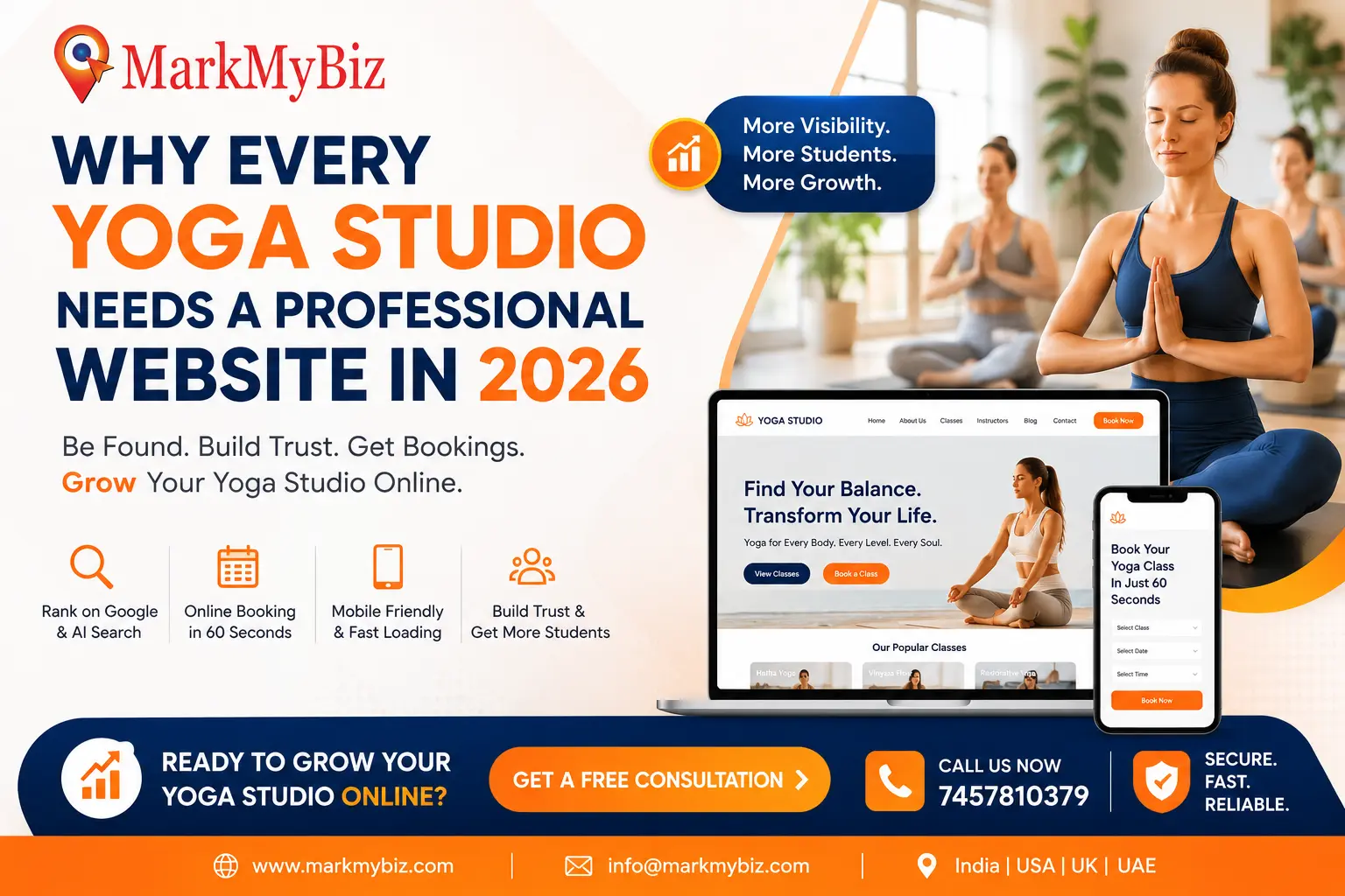 custom yoga website development by Markmybiz